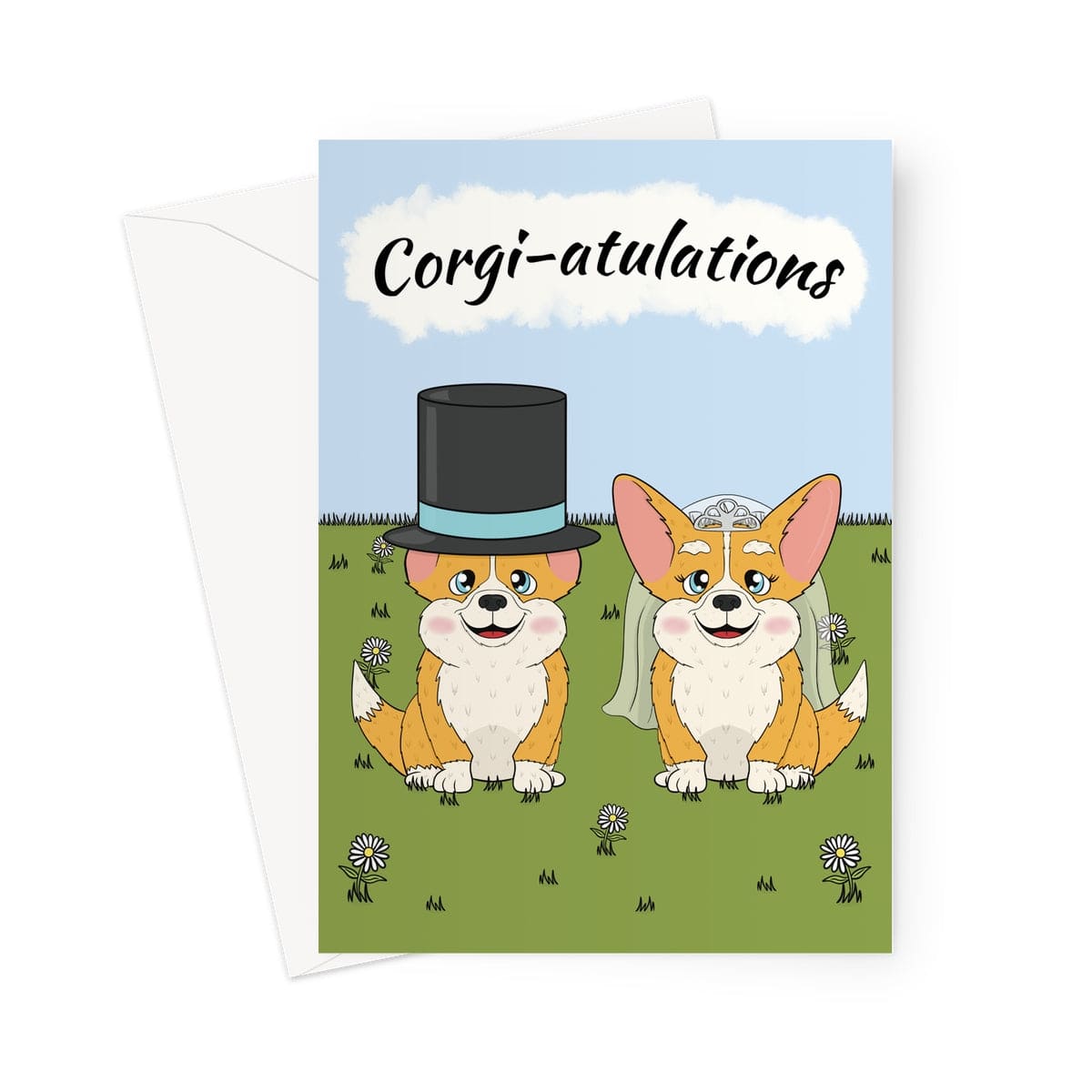 Cute wedding card featuring two corgis dressed as a bride and groom on a daisy-filled lawn with a blue sky background and the message "Corgi-atulations." Perfect for dog lovers and newlyweds.