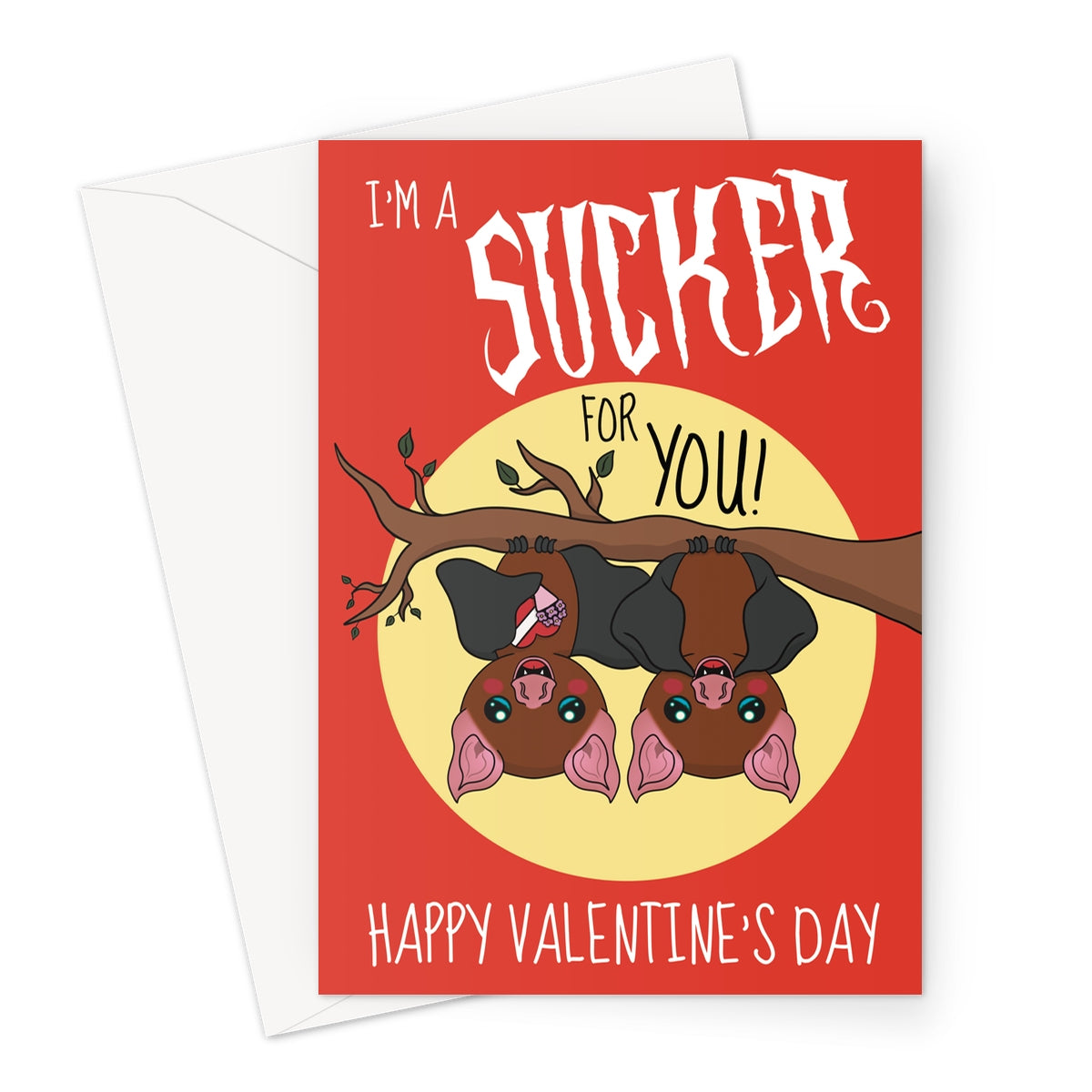 Illustration of two cute cartoon bats hanging upside down from a branch with the text "I'm a Sucker for You" and "Happy Valentine's Day" on a red background. Perfect for a playful Valentine's Day card.