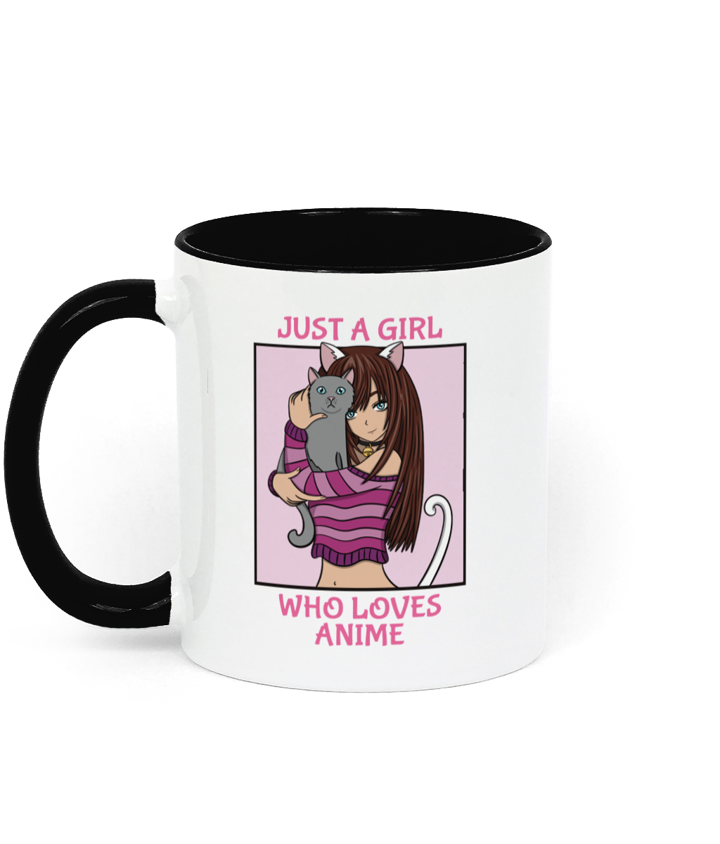 11oz mug with a pink handle and interior, featuring an anime girl holding a gray cat. Text reads 'Just a Girl Who Loves Anime'—a fun gift for anime and cat enthusiasts.