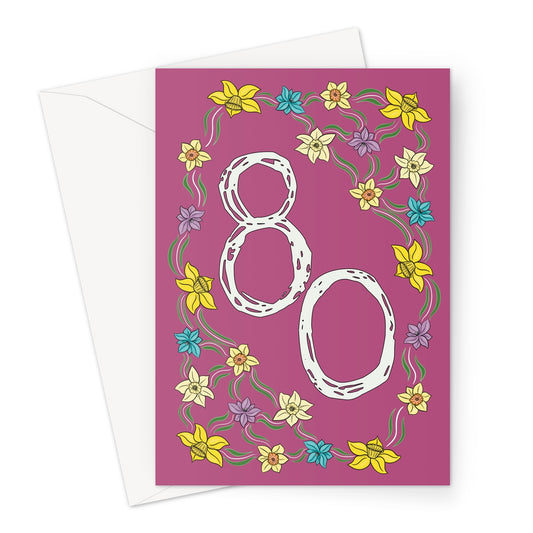 80th birthday card for her with hand-drawn floral border featuring yellow, blue, and purple flowers on a deep purple background.