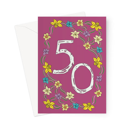 50th birthday card for her with hand-drawn floral border featuring yellow, blue, and purple flowers on a deep purple background.