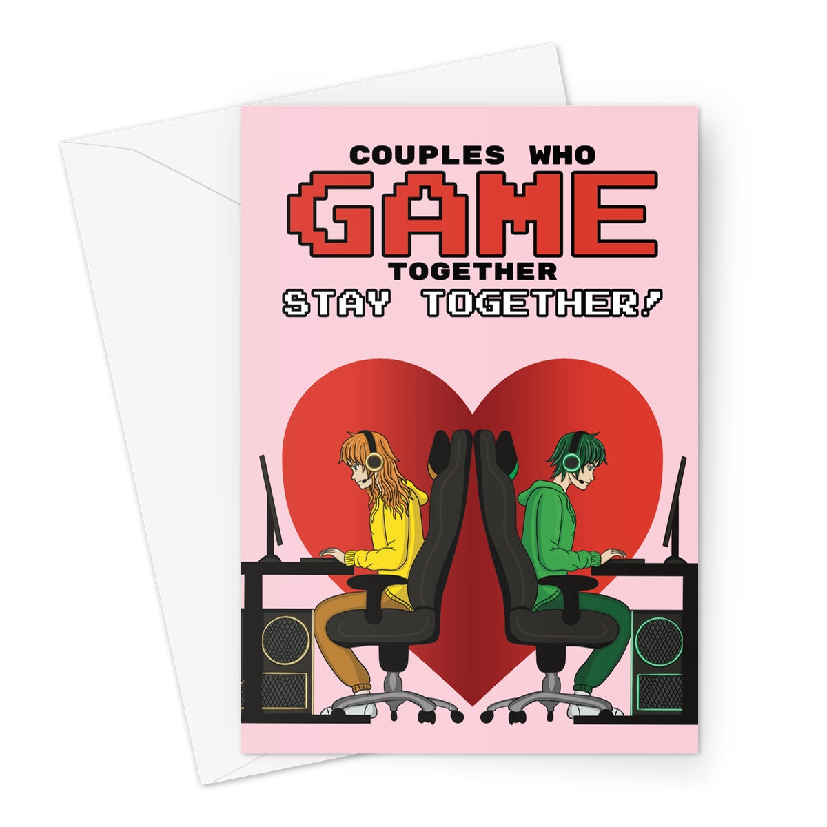 Gaming-themed Valentine's Day card featuring a couple gaming together with the text 'Couples Who Game Together Stay Together' and a heart backdrop."

This setup should optimize your product for search engines, making it easy for potential customers to find your unique Valentine's Day greeting card.