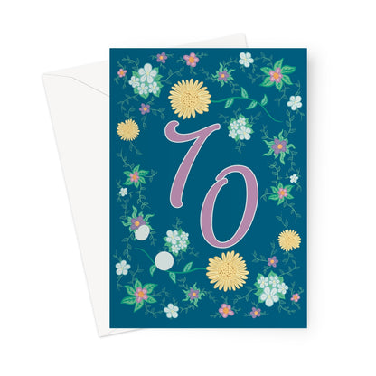 70th birthday card for her with floral design, gold sunbursts, and elegant purple typography on a deep blue background.