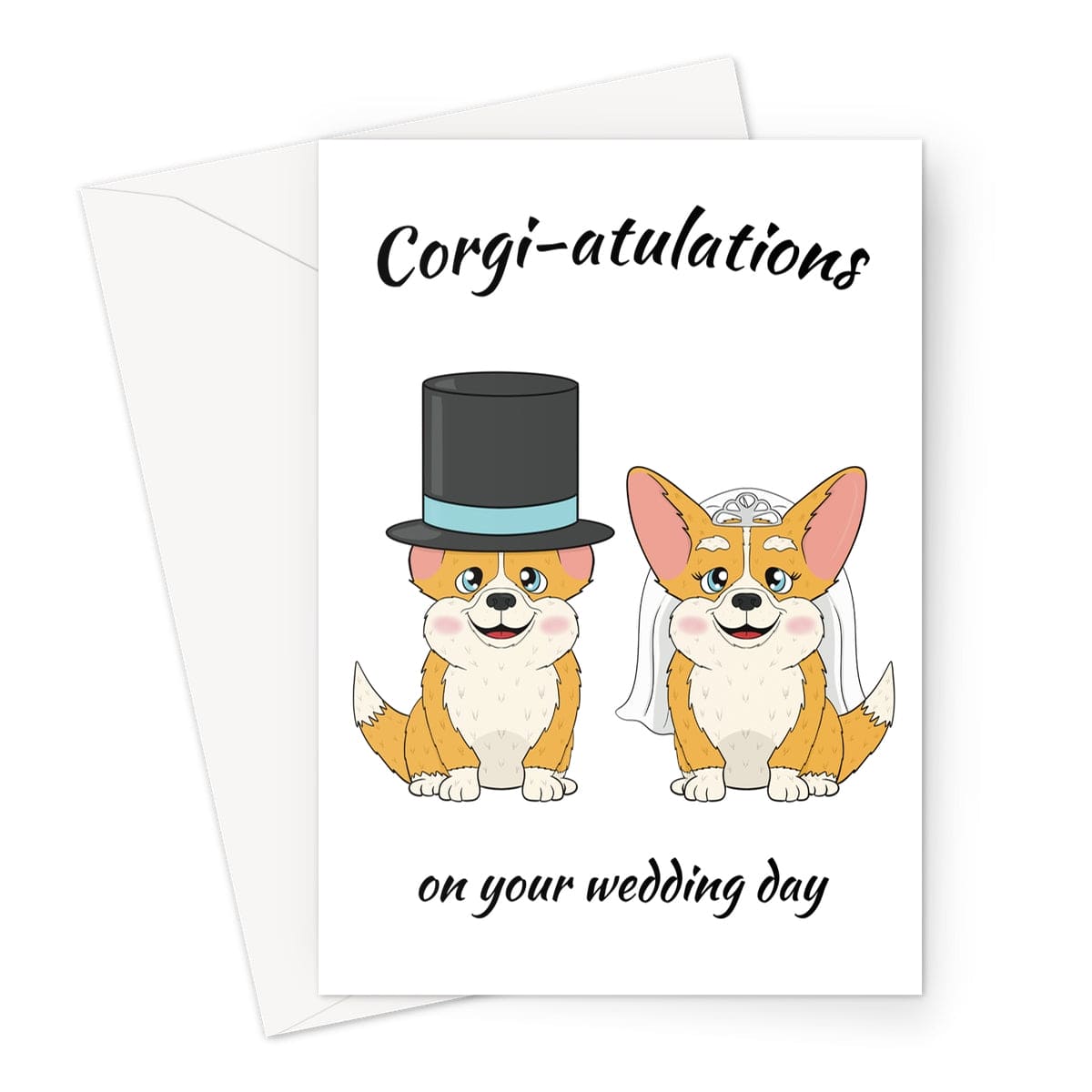 Cute wedding card featuring two corgis dressed as a bride and groom with the message "Corgi-atulations on your wedding day." Perfect for dog lovers and newlyweds.