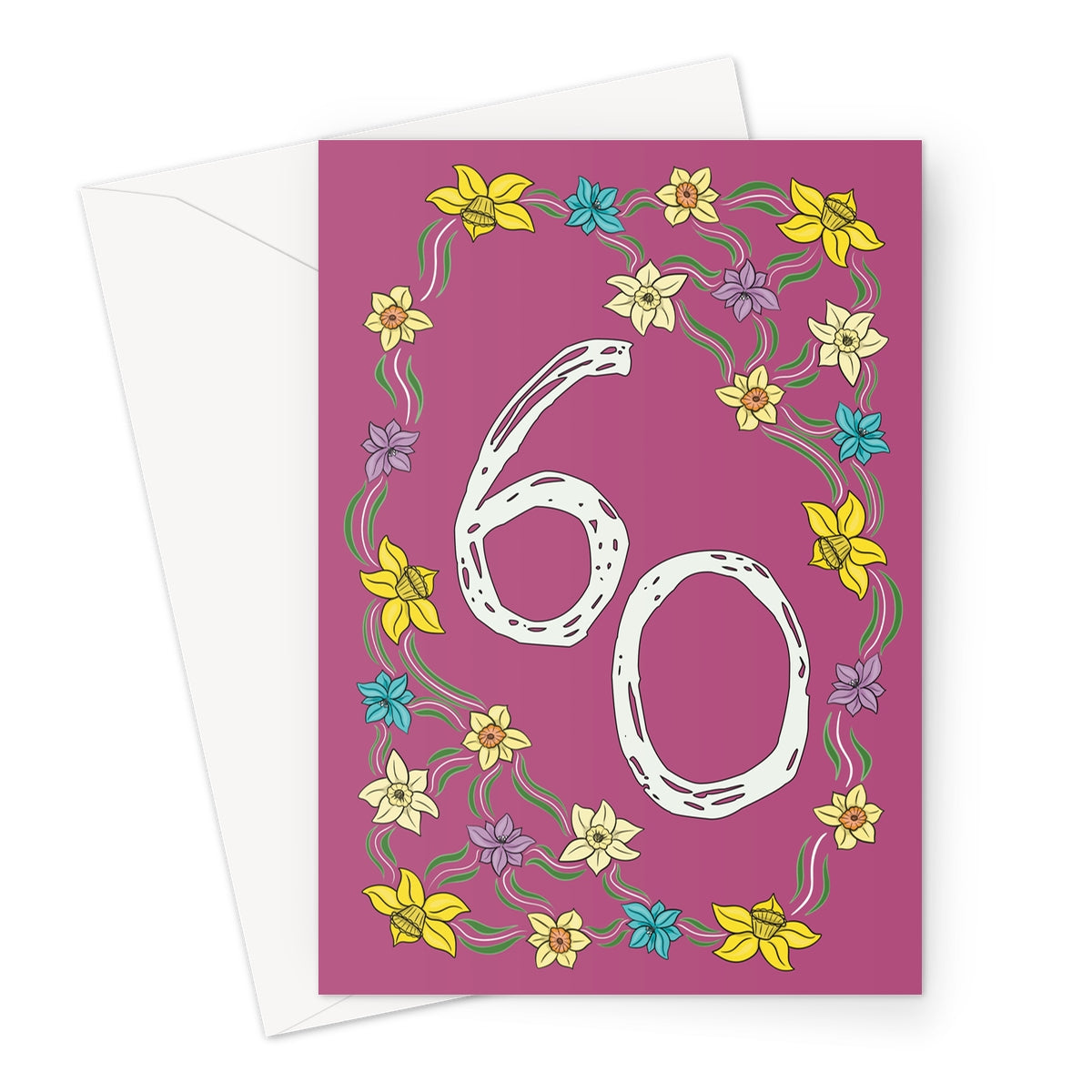 60th birthday card for her with hand-drawn floral border featuring yellow, blue, and purple flowers on a deep purple background.