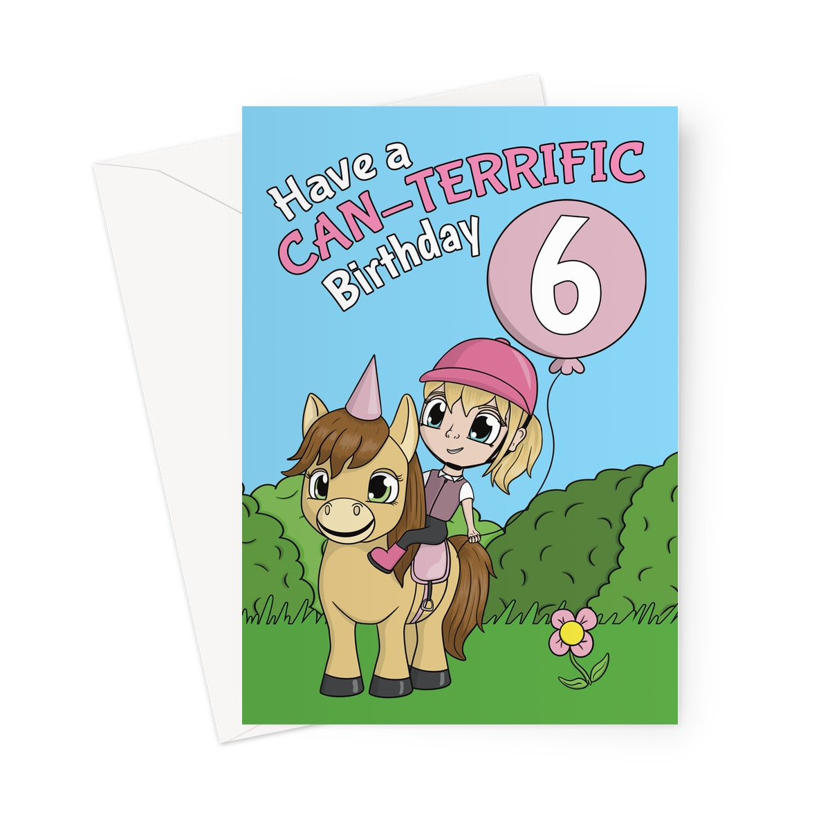 Cute pony-themed 6th birthday card for girls featuring a cartoon horse with a party hat, a young rider in pink equestrian clothing, and a pink balloon with the number 6. Bright and fun outdoor scene with green bushes, grass, and a flower.