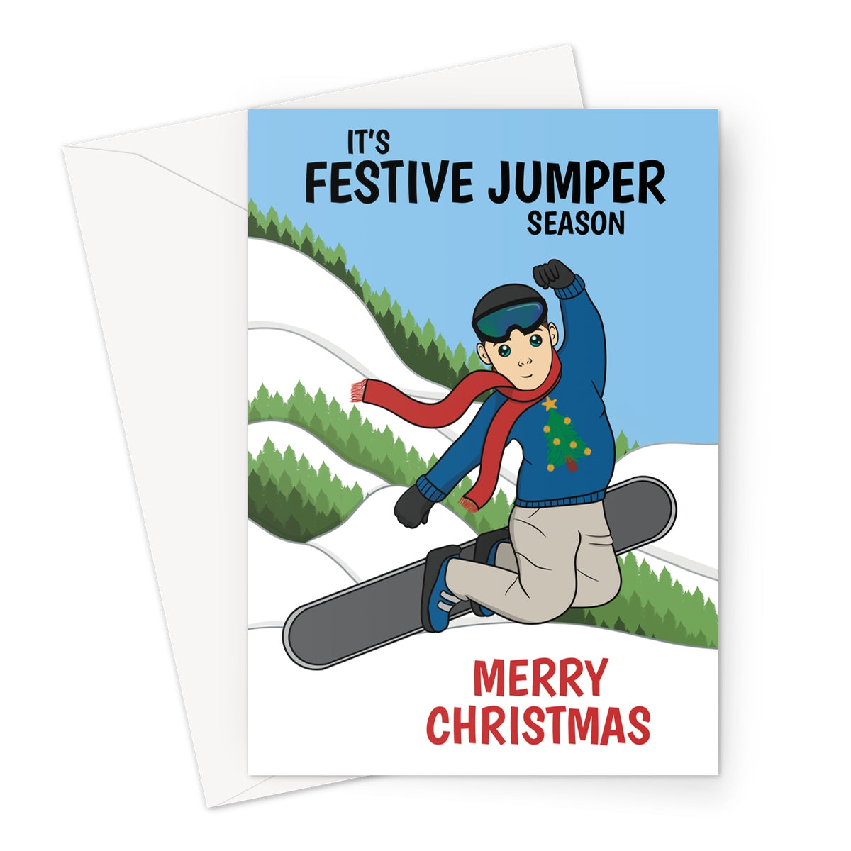 Snowboarding Christmas Jumper Greeting Card