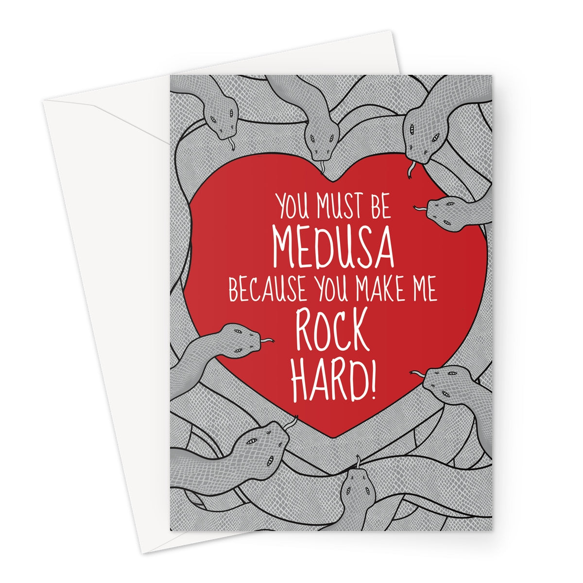 Funny Valentine's Day card featuring Medusa-inspired design with snakes encircling a red heart that says, "You Must Be Medusa Because You Make Me Rock Hard." A humorous and mythological-themed gift for Valentine's Day.