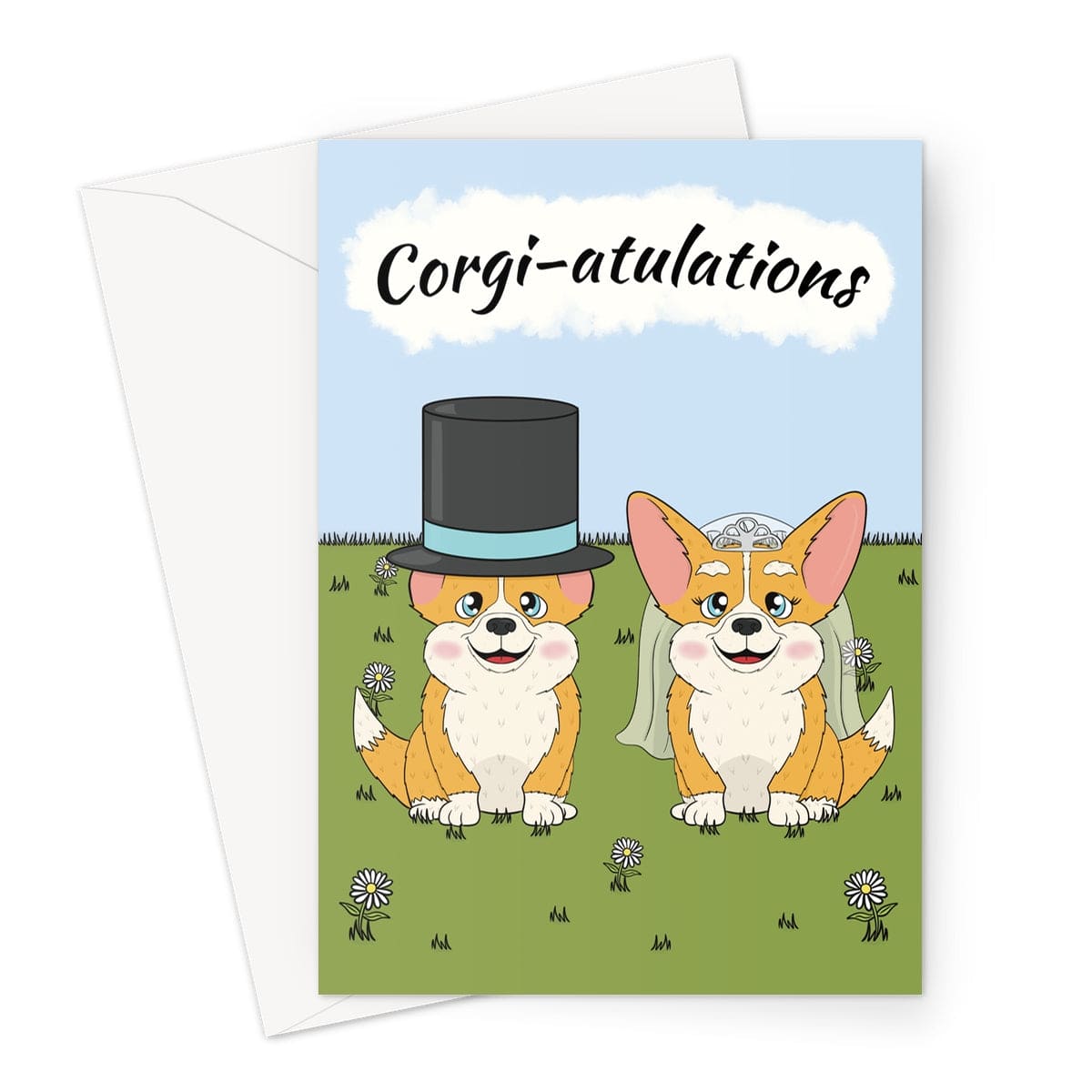 Cute wedding card featuring two corgis dressed as a bride and groom on a daisy-filled lawn with a blue sky background and the message "Corgi-atulations." Perfect for dog lovers and newlyweds.