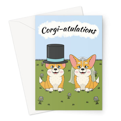 Cute wedding card featuring two corgis dressed as a bride and groom on a daisy-filled lawn with a blue sky background and the message "Corgi-atulations." Perfect for dog lovers and newlyweds.