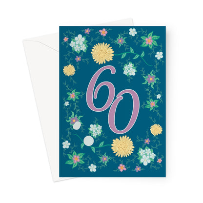 60th birthday card for her with floral design, gold sunbursts, and elegant purple typography on a deep blue background.