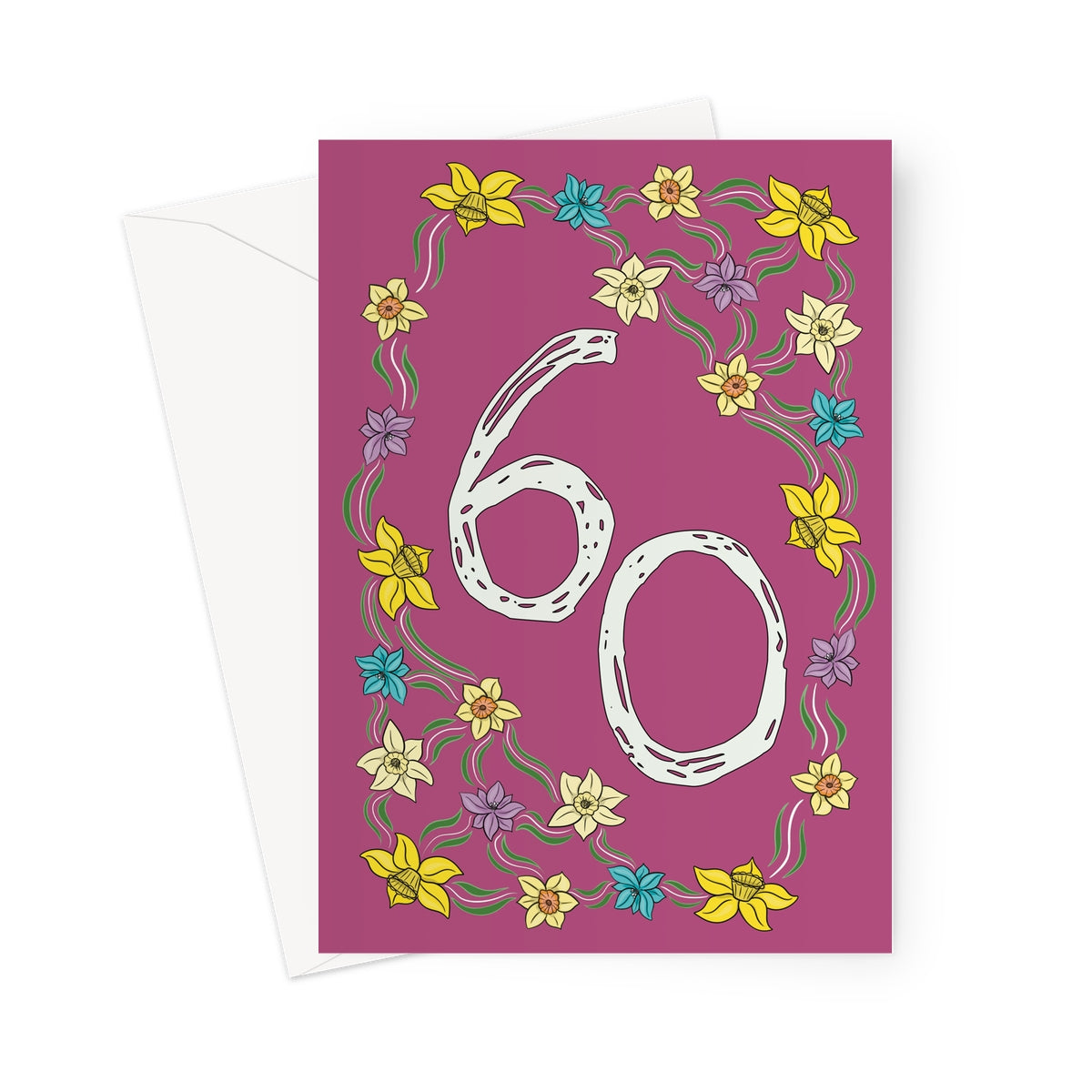 60th birthday card for her with hand-drawn floral border featuring yellow, blue, and purple flowers on a deep purple background.