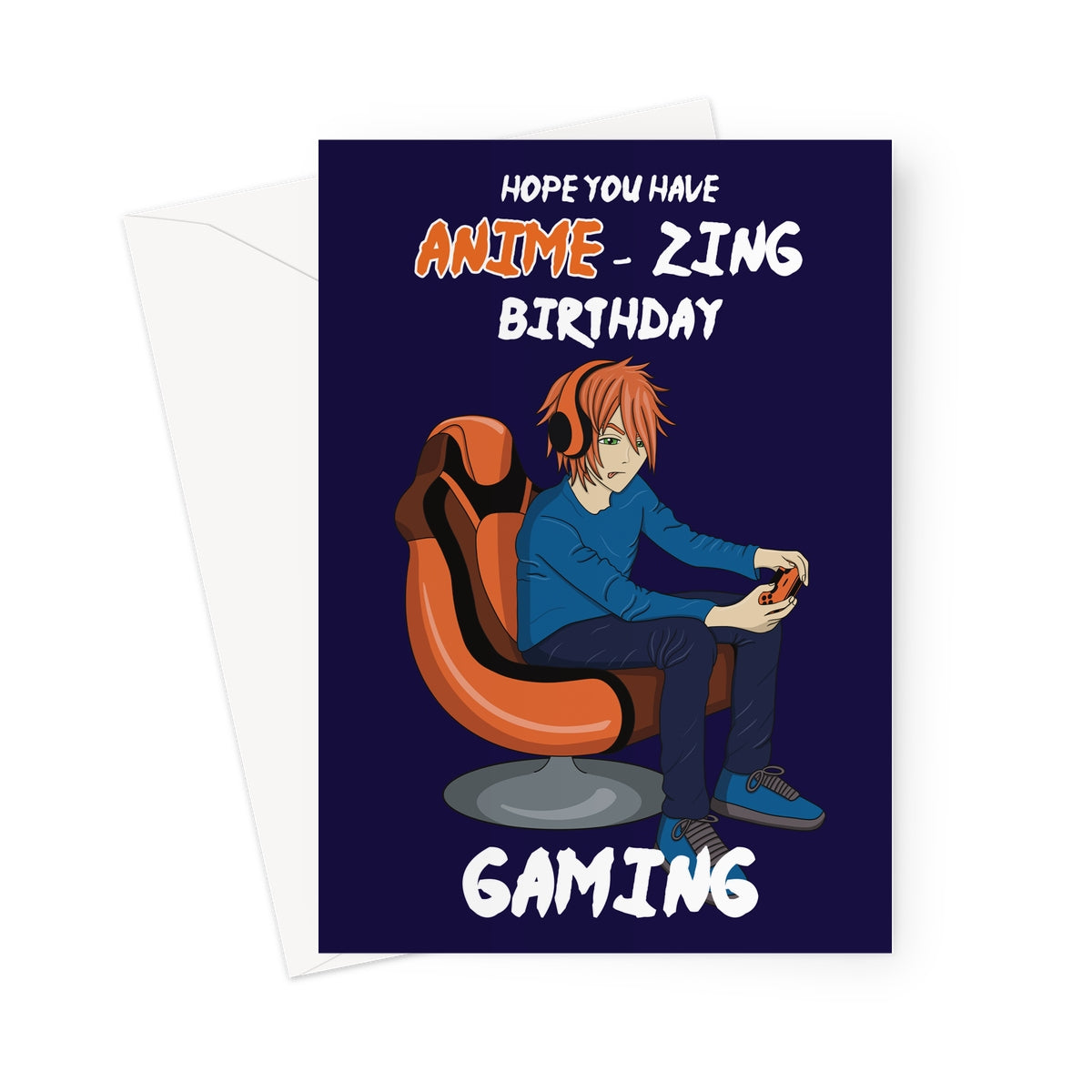 Anime Gamer Boy Birthday Card - Orange Hair