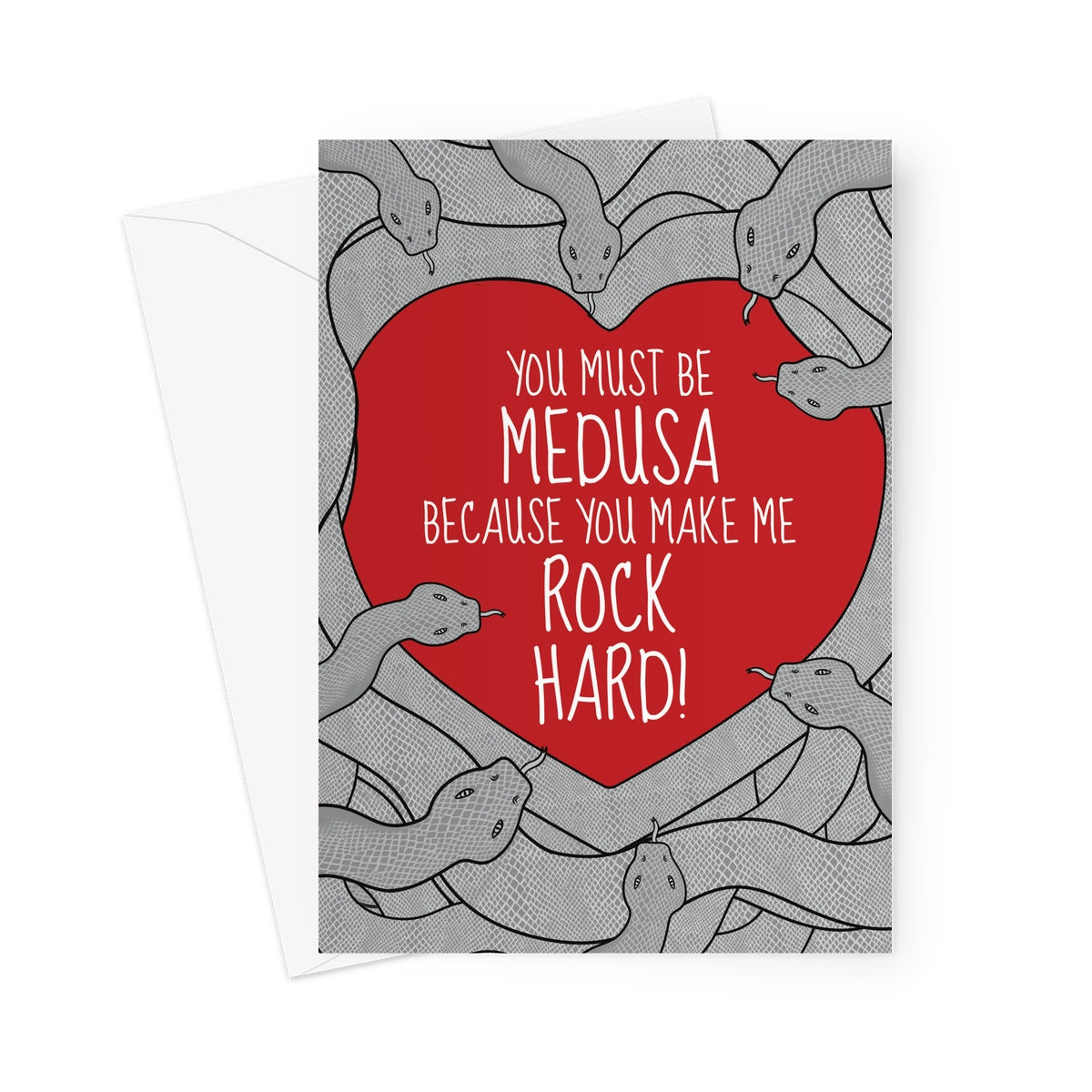 Funny Valentine's Day card featuring Medusa-inspired design with snakes encircling a red heart that says, "You Must Be Medusa Because You Make Me Rock Hard." A humorous and mythological-themed gift for Valentine's Day.