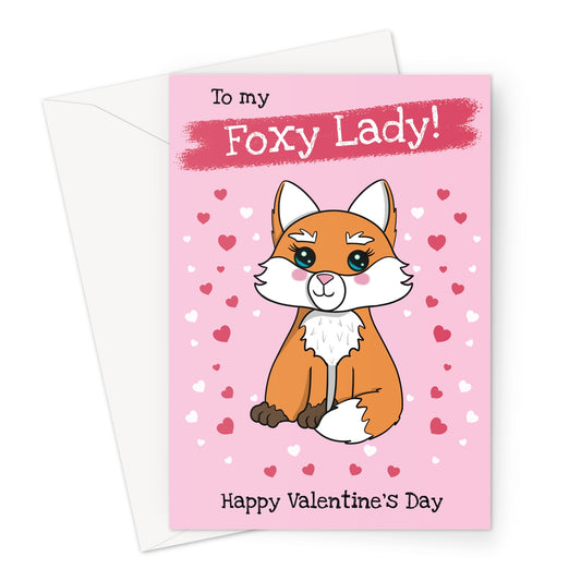 Valentine's Day card with a cute fox illustration, surrounded by pink and red hearts, with the text "To My Foxy Lady" and "Happy Valentine's Day" on a pink background.