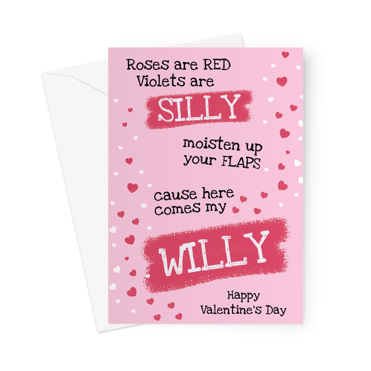 Cheeky Valentine's Day card with a funny "Roses are Red" poem and playful Willy twist on a pink heart-filled background.