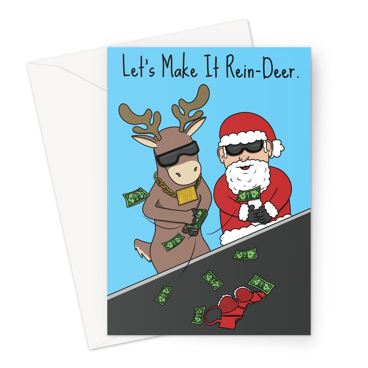 Weird Xmas Card - Naughty Santa And Reindeer Christmas Card