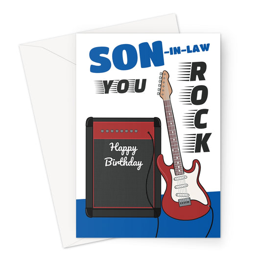 Son-in-law birthday card with electric guitar and amplifier design, featuring 'You Rock' text and 'Happy Birthday' message.