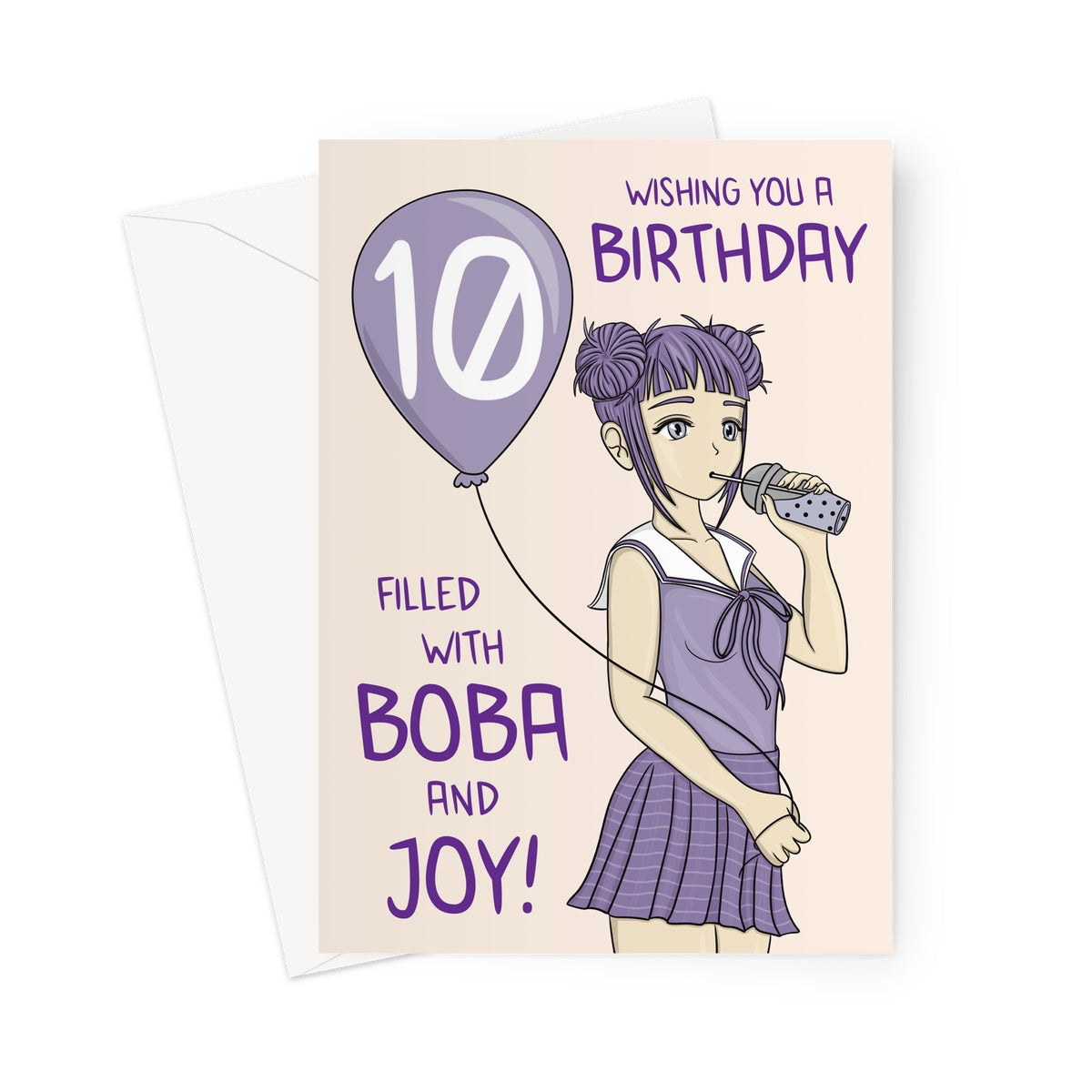 10th Birthday Card For Her - Anime Girl - Bubble Tea