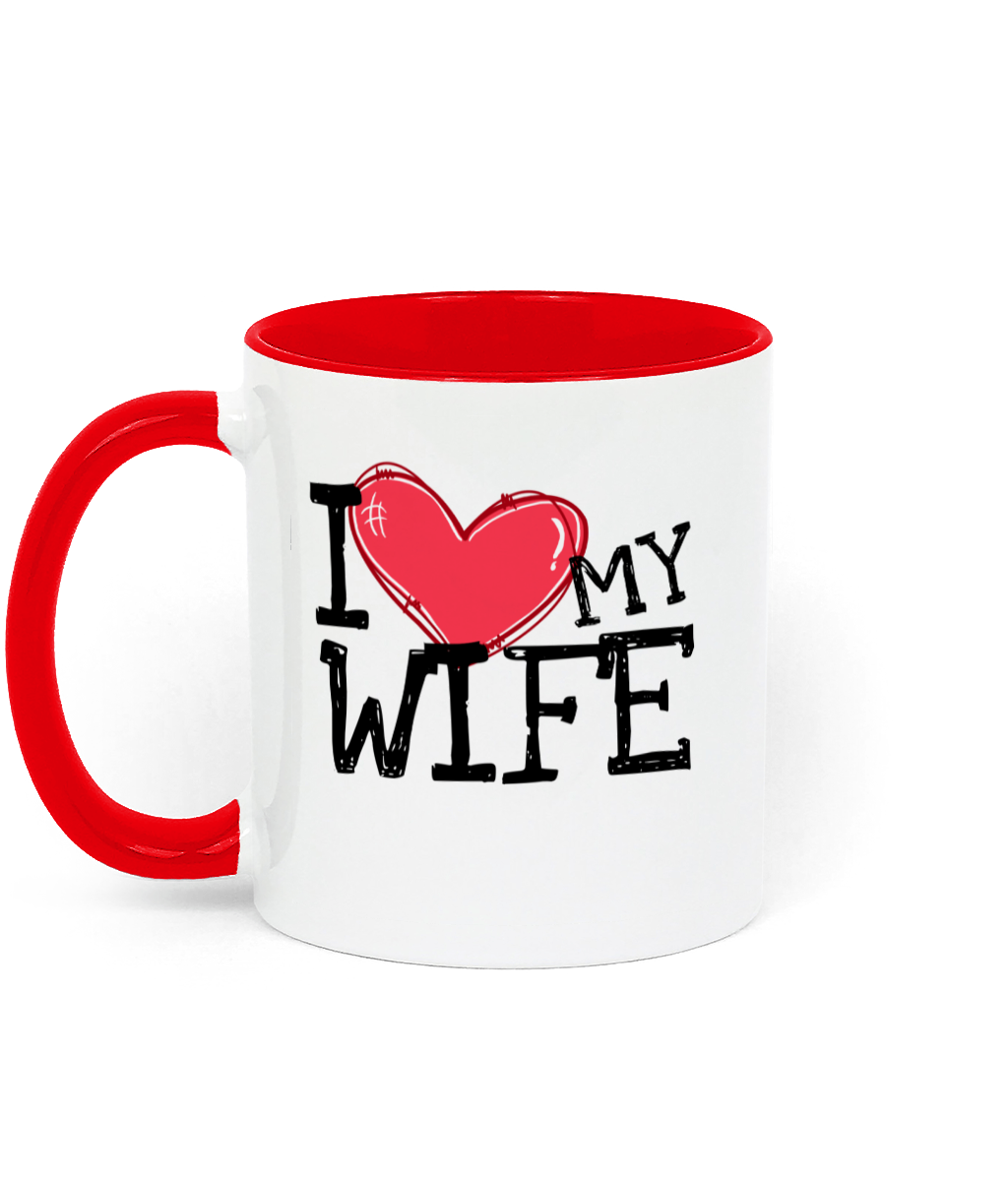 A white ceramic mug with a red handle and interior, featuring the text "I ❤️ My Wife" in bold black lettering and a heart graphic. Perfect gift for Valentine's Day or any special occasion.