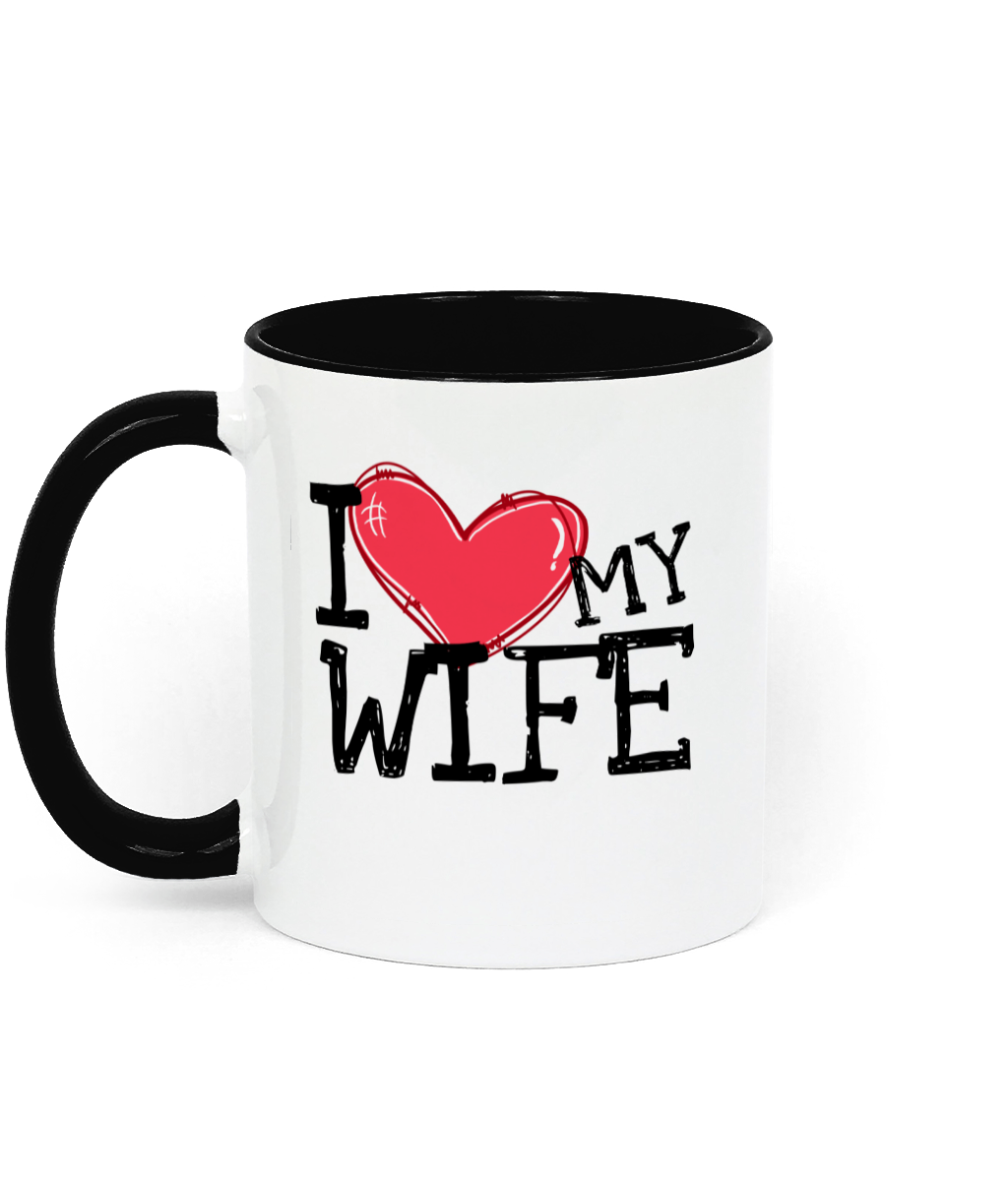 A white ceramic mug with a black handle and interior, featuring the text "I ❤️ My Wife" in bold black lettering and a heart graphic. Perfect gift for Valentine's Day or any special occasion.