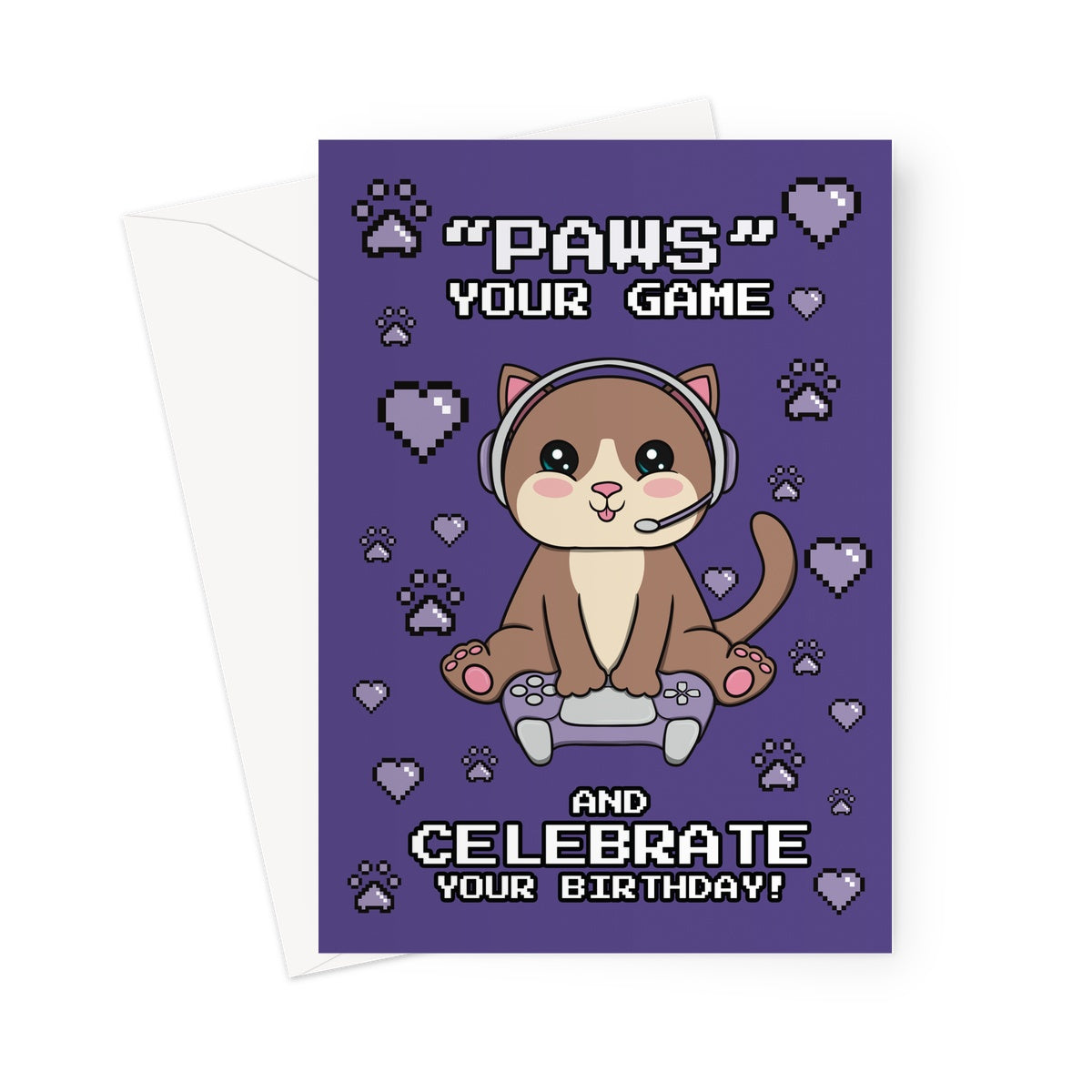Cute cat birthday card playing video games