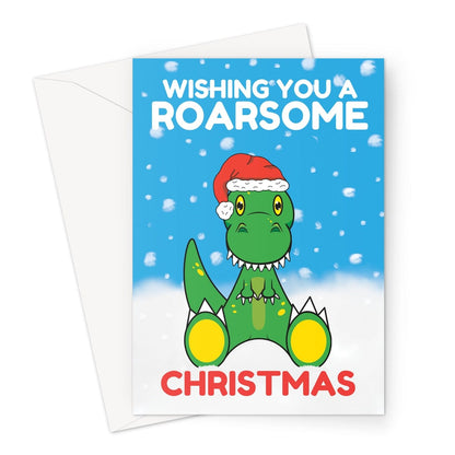 Cute cartoon dinosaur Christmas card for a young child.