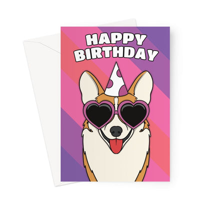 A playful and colourful birthday card featuring an adorable corgi dog wearing a party hat 