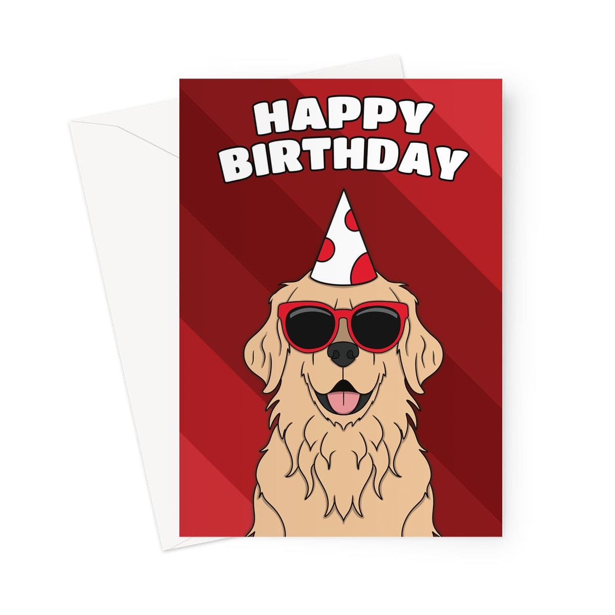 A playful and colourful birthday card featuring an adorable golden retriever dog wearing a party hat 