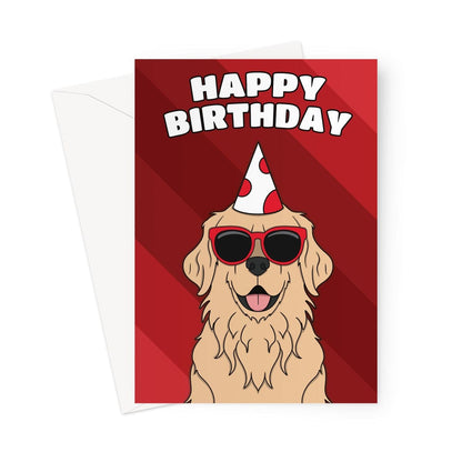 A playful and colourful birthday card featuring an adorable golden retriever dog wearing a party hat 