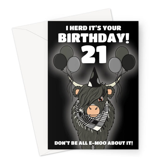 A funny 21st birthday card for an emo. This black card has an illustration of a cow dressed as an emo.