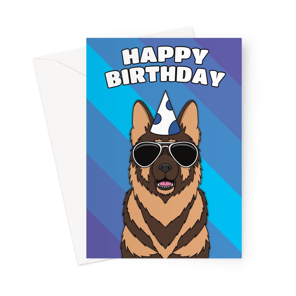 A playful and colourful birthday card featuring an adorable German Shepherd dog wearing a party hat 