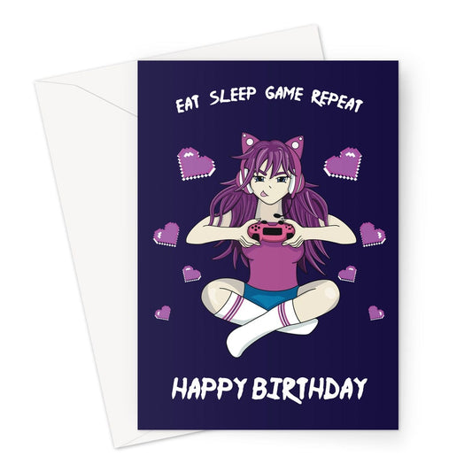 Eat sleep game repeat anime girl gamer birthday card.