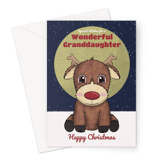 Christmas card for a wonderful granddaughter with a cute red nosed reindeer illustration.