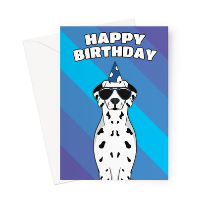 A playful and colourful birthday card featuring an adorable dalmatian dog wearing a party hat 