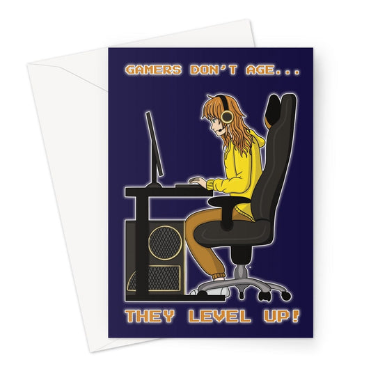 Video Game girl birthday card. Gamers don't age they level up! With an illustration of a girl playing on a PC.