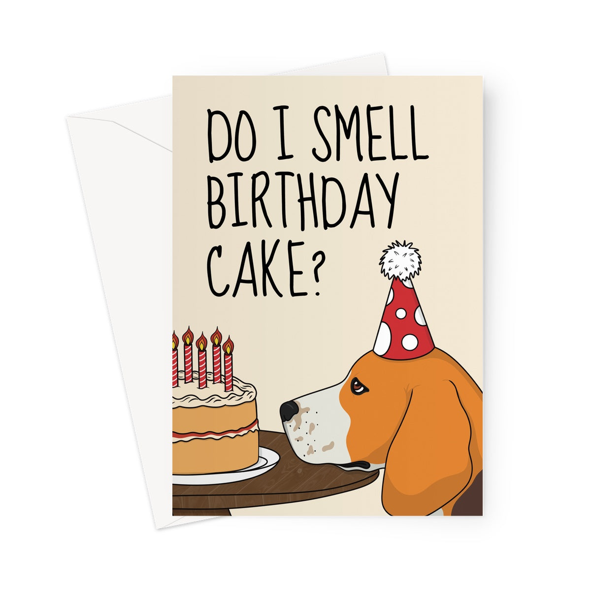 Cute beagle dog birthday card, do I smell birthday cake?