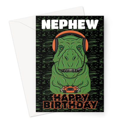 Funny Nephew birthday card - Video Game Playing Dinosaur