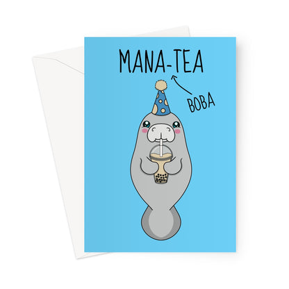 A cute Manatee drinking bubble tea illustration on a birthday greeting card.