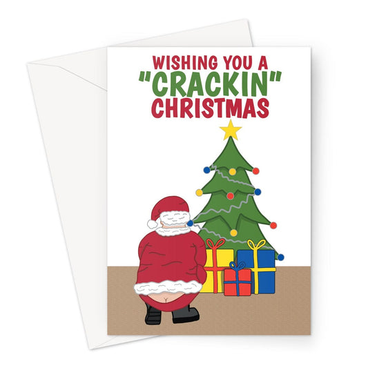 Funny Christmas card with Santa Claus showing off his builder bum crack.