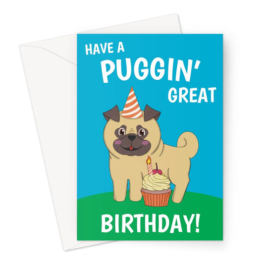 A cute pug dog birthday card illsutrated in a kawaii style.