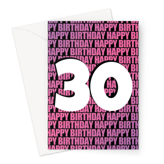 A pink birthday card with a large number 30 in the middle and happy birthday written in the background repeatedly.