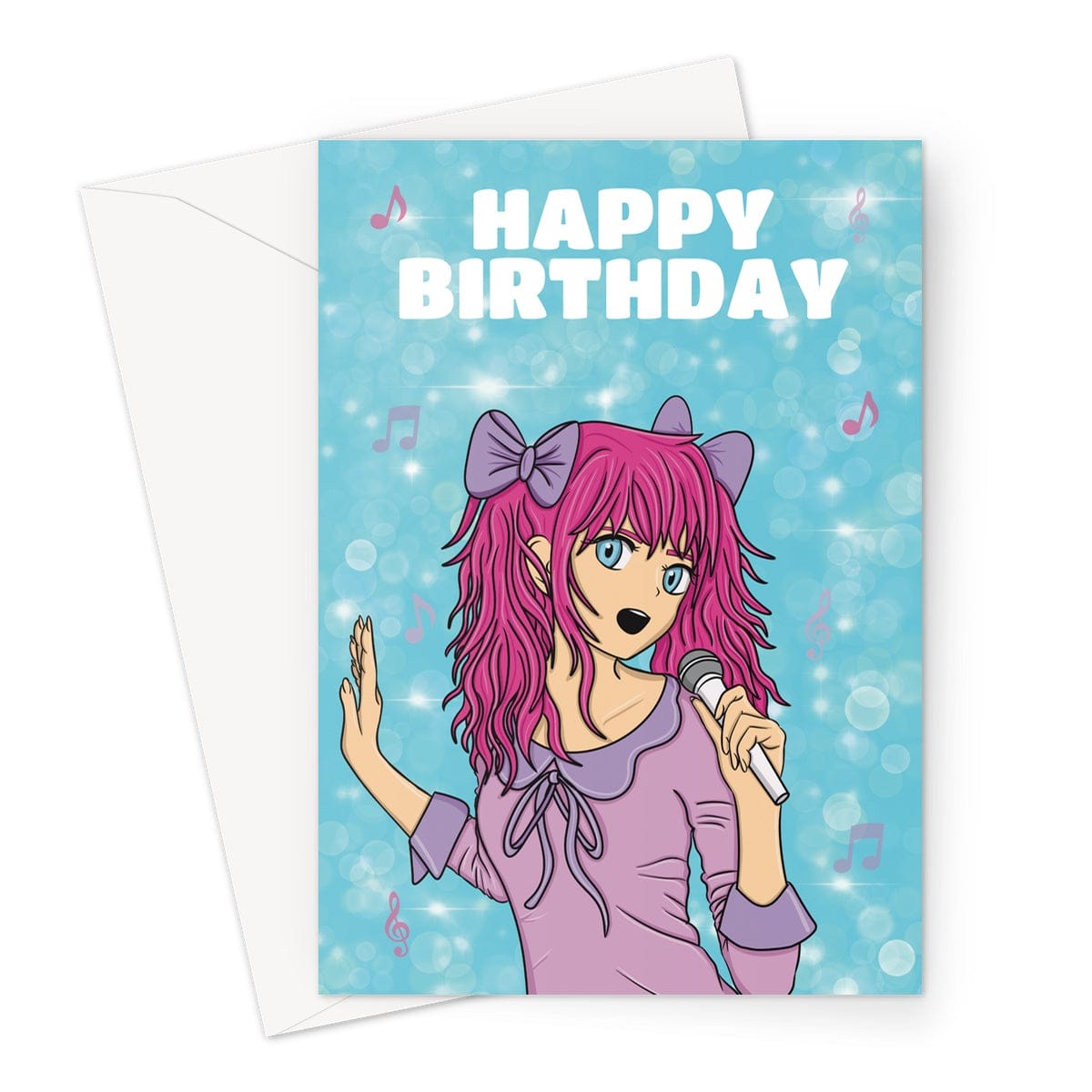 A birthday card with an illustration of a pink haired singing anime girl.