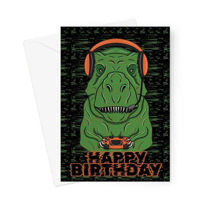 A t-rex playing video games, happy birthday card.