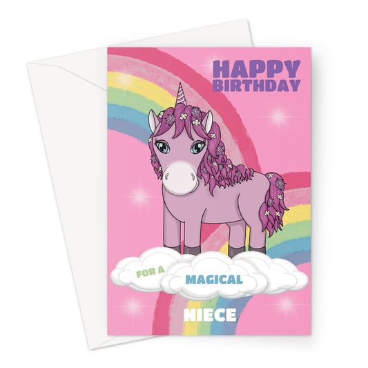 Niece birthday card with a pink unicorn and rainbows on.