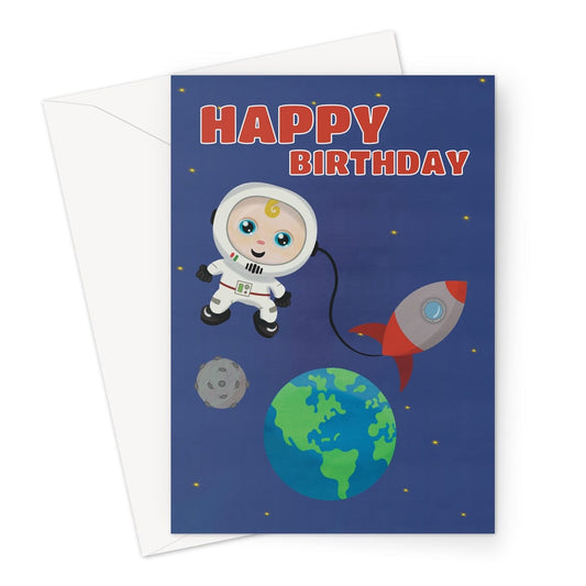 Happy birthday card with a cute boy spaceman and rocket ship.