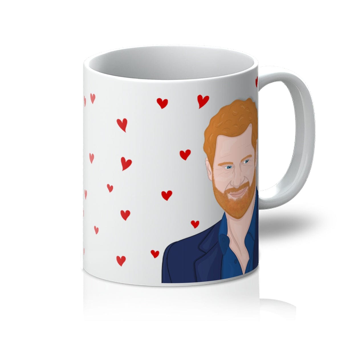 A funny Prince Harry tea or coffee mug with the text, roses are red, vioplets are blue, I'd leave the royal family for you.