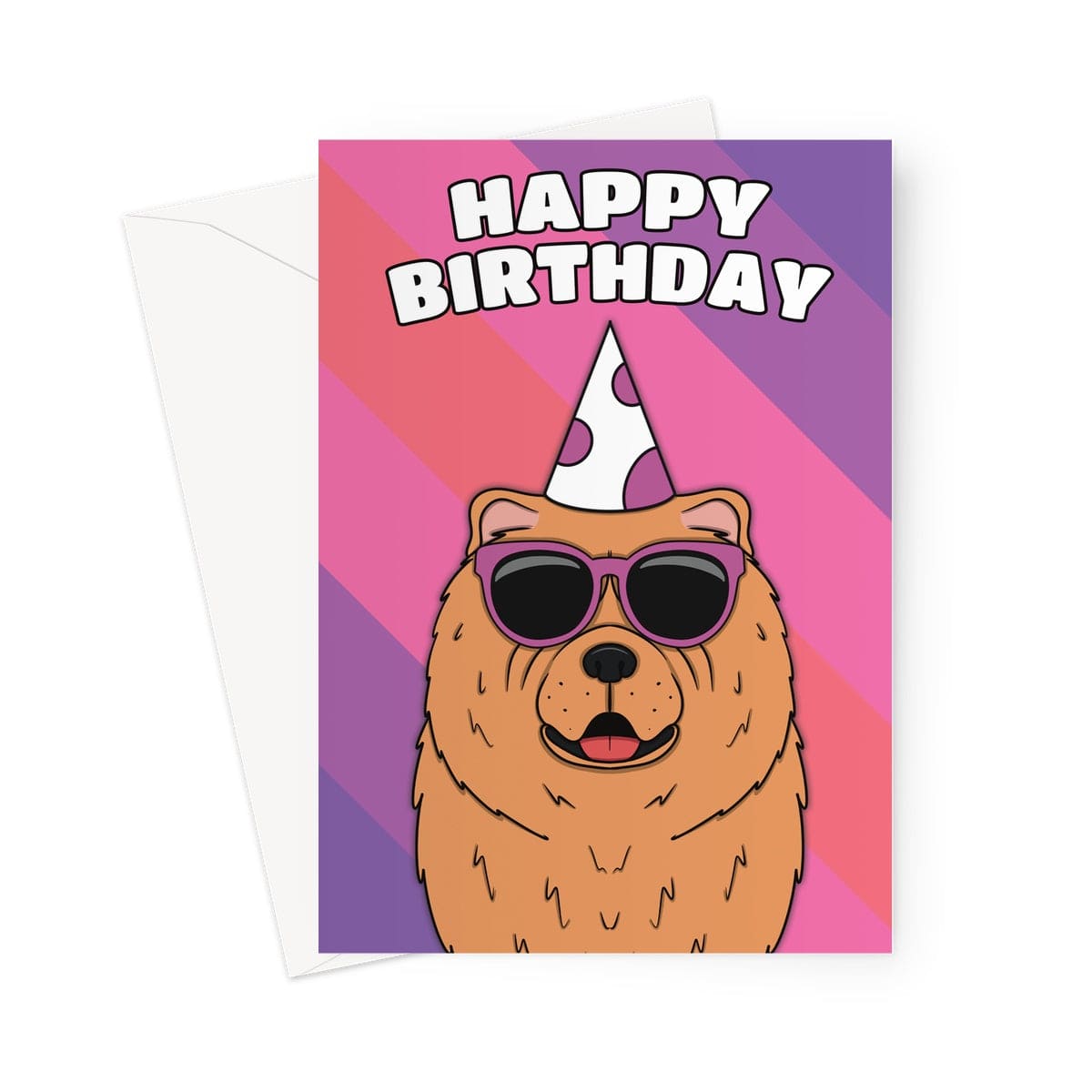 A playful and colourful birthday card featuring an adorable chow chow dog wearing a party hat 