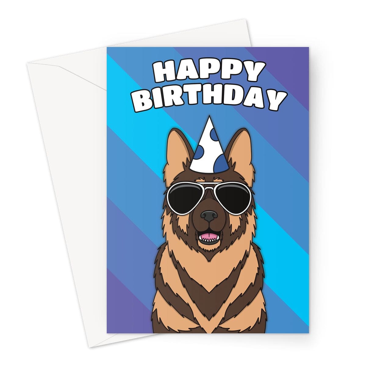 A playful and colourful birthday card featuring an adorable German Shepherd dog wearing a party hat 