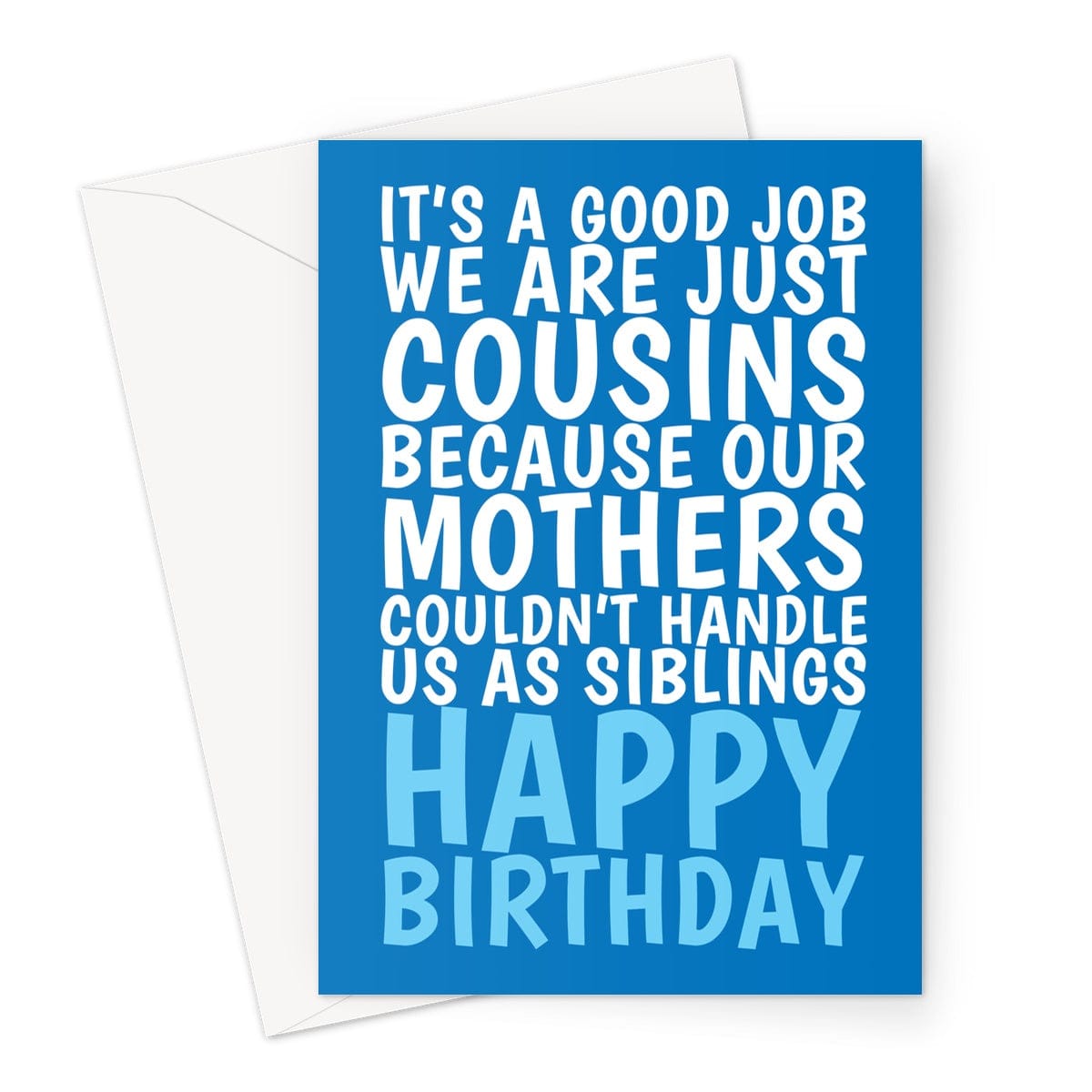 Funny blue typography birthday card for a cousin.